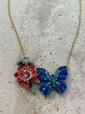 Les Néréides Paris Butterfly & Flower Necklace Blue Crystal Enamel | Romantic Fr